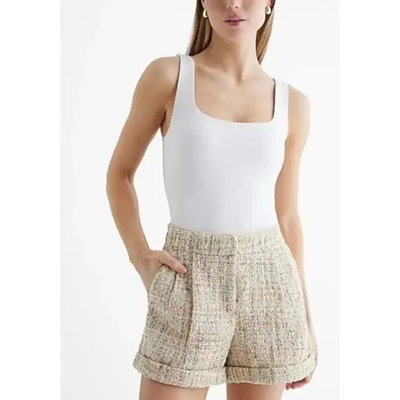 Tweed High Waisted Shorts Cream Women's 10 Chanel Inspired Parisian Vacation NWT - Picture 15 of 16